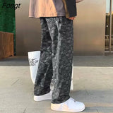 flower black jeans men's straight tube loose spring and autumn summer Korean fashion men's baggy pants denim