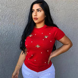 Women Yellow Short Sleeve Pearl Beading T-shirt Ladies Casual Tops Butterfly Solid Round Neck Summer Basic T Shirt-Outfit