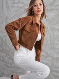 Fongt Women's Corduroy Flip Pocket Button Short Casual Jacket Jacket