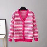 Women's Knitting Print Sweater Color Heart Single-Breasted Button Loose Casual Knitted Cardigan Sweaters Autumn V-neck