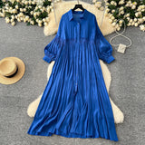 Fongt Retro Casual Dress Women's 2025 Spring Folding Lantern Sleeve Casual Loose Single-Dripple Shirt Long Dress