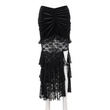 Spring 2024 New Dark Wrinkled Fishtail Multi-Layer Spliced Forked Skirt Women's Dress-Outfit