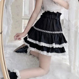 Black Lace Trim Ruffles Mini Skirt-Outfit