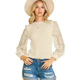 Fongt Round Collar Hollow Coated Women Autumn Fashion Pineapple Lace Splicing Sleeve Jersey Women