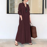 ZANZEA Women Shirt Dress Autumn Lapel Neck Long Sleeve Maxi Sundress Elegant Office Work Solid Long