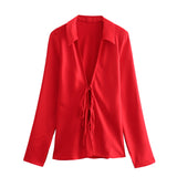 Fongt 2024 New Women's Loose Bow Trim Silk Satin Texture Shirt Women 2183331-Outfit