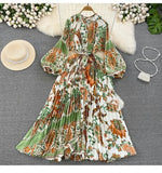 Quality Light Extravagant Lantern Long Sleeved Round Collar Waist Slim Single Breasted Printed Dress Elegant Long Skirt-Outfit