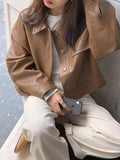 Vintage Lapel Neck Pocket Loose Short Leather Jacket-Outfit