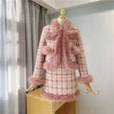 Winter Pink Warm Thick Tweed Two Piece Sets For Women High Quality Elegant Wool Blend Patchwork Plaid 2 Piece Skirt