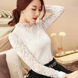 2023 Elegant Lace Crocheted Hollow Out Top Stand-up Collar White Blouse Woman Sweet Long Sleeve Shirts Blusas