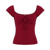 Fongt Hot Girl Style Tie With Short-Sleeved T-Shirt Design BM Style Slim Short Knitting Waist Top