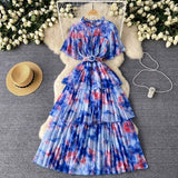 Fongt Retro Tea Faint Dyed Print Dress Women Waist Horn Sleeves Thin Temperament Lotus Leaf Side Chiffon Long Dress