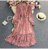 Fongt And Autumn Gentle Wind Korean Version Of Sweet Round Collar Lote Side To Receive Waist Thin A Word Broken Flower Chiffon Dress Woman