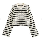 Fongt Women's INS Explosion Striped Knitting L Long Sleeve Horned Pants Set
