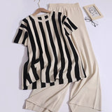 Fongt Temperament Famous Knitted Fashion Suit Round Collar Vertical Fork Short Sleeve Top + High-Waisted Solid Trousers