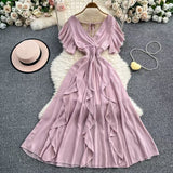 Fongt Niche Design Cross V Collar Small Flying Sleeves To Show Thin Chiffon Dress Super Fairy Leaves Side Dress