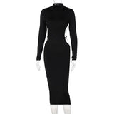 Sexy Women Backless Midi Dress Turtleneck Long Sleeve Elegant Slim Dresses 2021 Autumn Black Casual Basic Bodycon