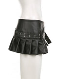 Black Pleated Belted Slit Micro Mini Skirt-Outfit