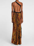 Women's Printed Leopard Print Side Slit Long Bandage Sexy Sleeveless One Shoulder Open Back Skinny Celebrity Party