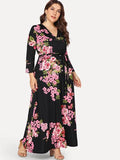 Fongt Autumn And Winter Explosion Of Women's Sleeves Fat Mmv Tie Print With Waist Dress