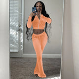 Fongt Women's Two-Piece Solid Color Cardigan Long Sleeve Sexy Crop Casual Sports Suit Female-Outfit