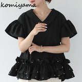 Style Patchwork Ruffles Beads Shirts & Blouses 2024 Woman Blusas Short Sleeve Camisas V-neck Ropa Mujer Summer Tops-Outfit