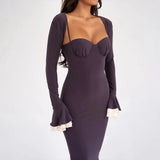 Solid Long Flared Two-piece Crop Sleeve Midi Dress-Outfit