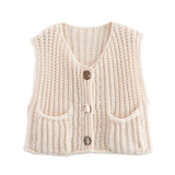 Fongt 2025 Spring And Autumn 2025 New Women's Pocket Sleeveless Short Knitted Cardigan Vest