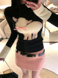 Winter Japanese Style Print Knitted Sweater + Pink Slim Mini Skirt Casual Kawaii 2 Piece Set Cute Fashion Clothing Woman-Outfit