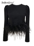 TWOTWINSTYLE Casual Plain T Shirt For Women Round Neck Loose Long Sleeve Patchwork Feathers Pullovers Female 2022 Spring