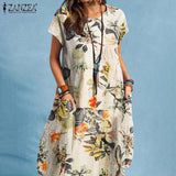 ZANZEA Summer Woman Vintage Dress Bohemian Floral Printed Holiday Casual Robe Vestidos O-Neck Short Sleeve Knee-length