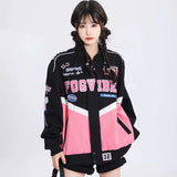 Black Bomber Woman American Racing Varsity Jacket Long Sleeve Stand Collar Baseball Jackets Unisex Bombers Winter