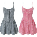 Fongt Two-Color Lattice Button Embellion With Joint Dress 2025 Spring New M11382