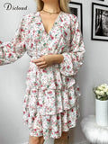 Summer Women's Dress 2022 Floral Print Long Sleeve V Neck Cascading Ruffle Party Dresses Elastic Beach Wedding
