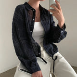 Vintage Plaid Print Crop Long Sleeve Blouse-Outfit