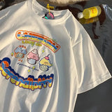Cute Japan Cartoon Letter Print T Shirts Kawaii Girl Short Sleeve Tops 2023 Summer Basic 100%Cotton Couples Teens
