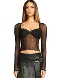 Fongt Women's Spring / Summer 2023 Sexy Mesh Wood Ear Lace Perspective Long Sleeve Top-Outfit
