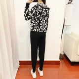 Women Knitted 3 Piece Sets Chic Leopard Print Hooded Cardigan+Crop Tops+ Knitted Harem Pants Outfits Korean Sweater