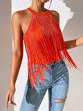 Women's Hot-Selling Solid Color Sleeveless Neck Top Ladies' Fashionable Tassel Beach Swimsuit-Outfit