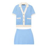 Fongt For Women's INS Burst Color V-Neck Knitted Shirt + Short Skirt Set