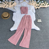 Fongt Suspenders Strapless Short Top High Waist Drop Feeling Wide Leg Pants Two-Piece Suit-Outfit