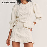 Autumn Solid Color Knitted Twist Puff Long sleeve Pullover Sweater Ruffles Hem High Waist Mini Skirt 1