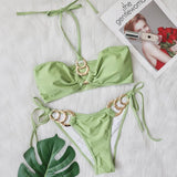 Fongt New Sexy Swimsuit Metal Accessories Hollow Bikini Solid Color Chest Strap Women's