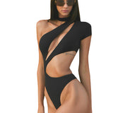Fongt Women's Summer New Solid Color Sexy Single Sleeve Hollow Out Slim Basic Jumpsuit