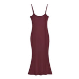 Trendy Women's Dress Hot Girls Sexy Basic Solid Color High Waist Show Thin Medium-Long Halter Skirt Hip Dress-Outfit