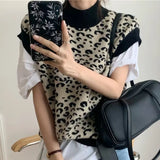 2021 New Spring Winter Women Sweaters Pullover Leopard Sleeveless Korean Style Knitted Vintage Wild Vests