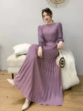 Fongt Ripe Wind High Waist Round Collar Dress Spring And Autumn New Temperament Solid Color To Show Thin Waist Swing 100 Rhetum Long Skirt