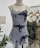 辣bab Net Yarn Print Small Sling Vest Tidly Tidly Ribbon Ribbon Leaves Edge Sleeveless Top