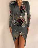 Wise Style Autumn And Winter Long Sleeve V Neck Print Tight Slit Dress Women's Wear-Outfit