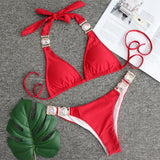 Fongt 2023 New Sport Bikini Sexy Crystal Diamond Bandage Red Split Female